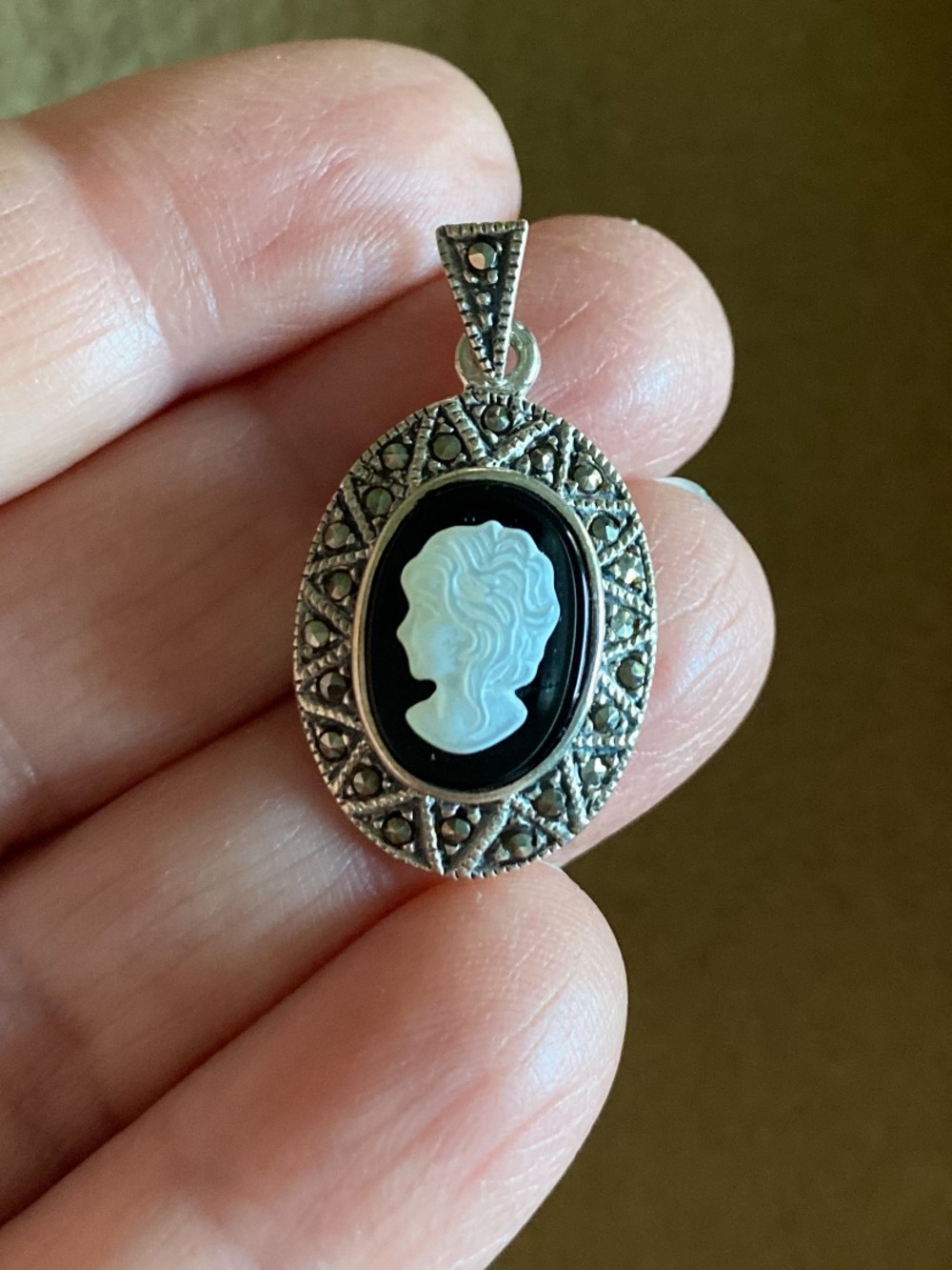 Vintage Style Sterling & Marcasite Cameo Pendant. No Chain.